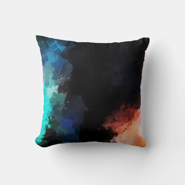 Modern Abstract Paint Splatters Black Orange Blue Cushion (Front)