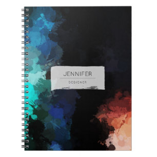 Modern Abstract Paint Splatters Black Orange Blue Notebook