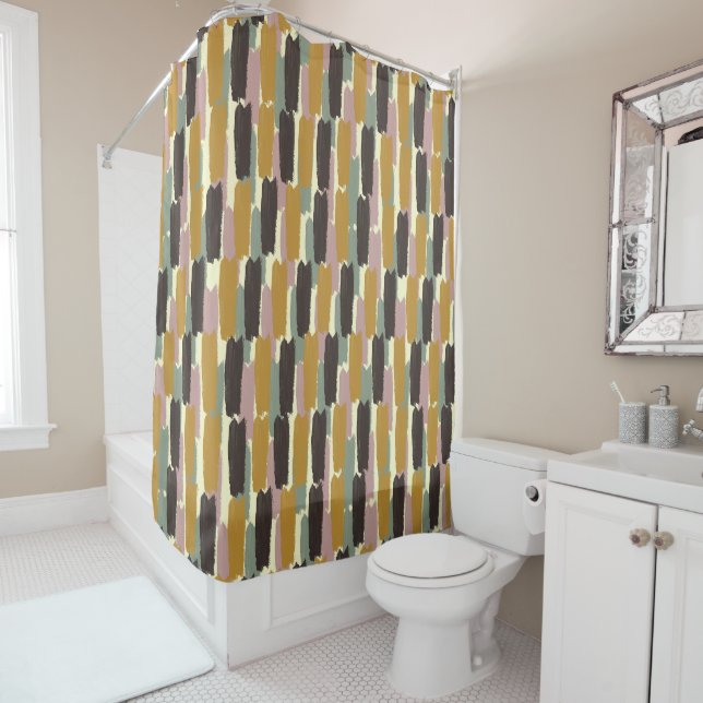 Modern Abstract Painted Stripe Retro Botanical  Shower Curtain (In Situ)