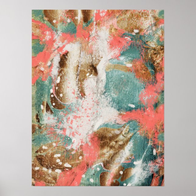 Modern Abstract Painting Coral Teal Gold White Art Poster (Front)