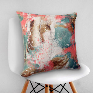 Modern Abstract Painting Coral Teal Gold White Cushion
