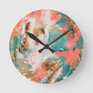 Modern Abstract Painting Coral Teal Gold White Round Clock