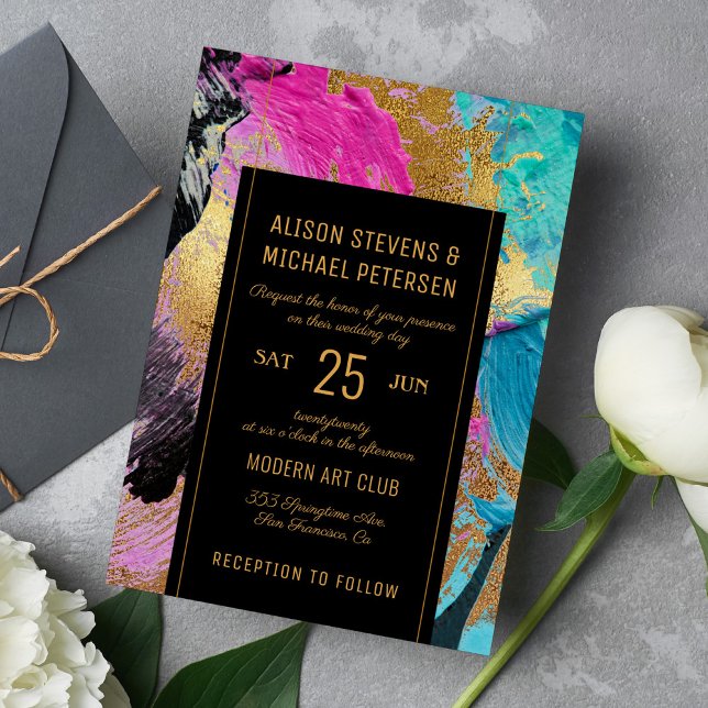 Modern abstract painting gold script dark wedding invitation (Creator Uploaded)