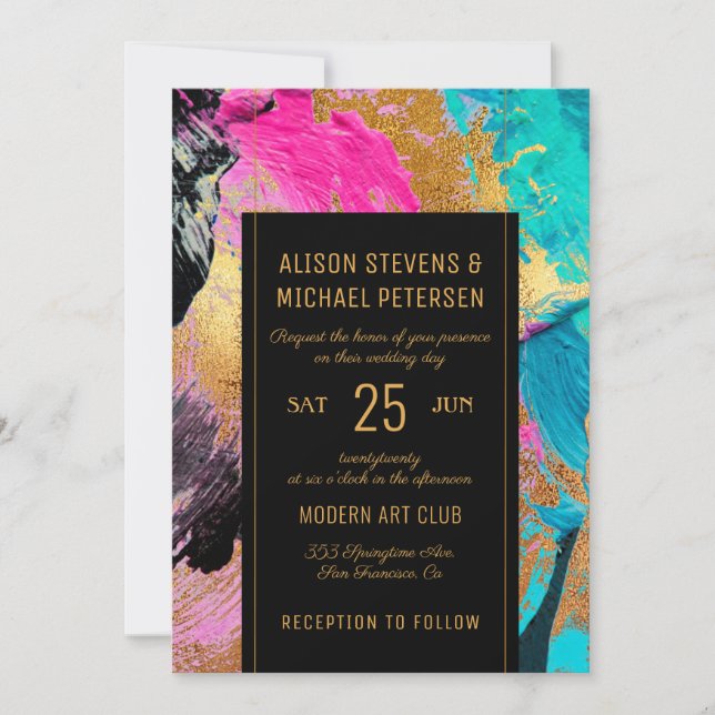 Modern abstract painting gold script dark wedding invitation (Front)