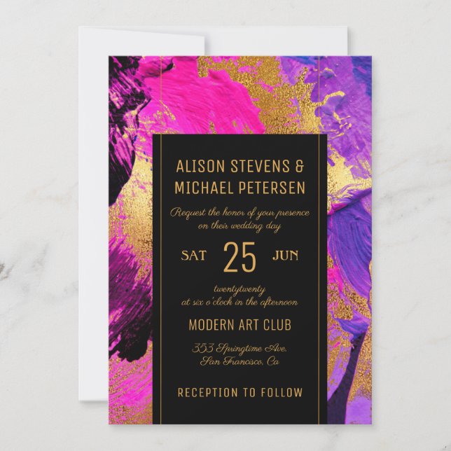 Modern abstract painting gold script pink wedding invitation (Front)