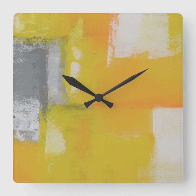 modern abstract painting grey yellow white square wall clock (Front)