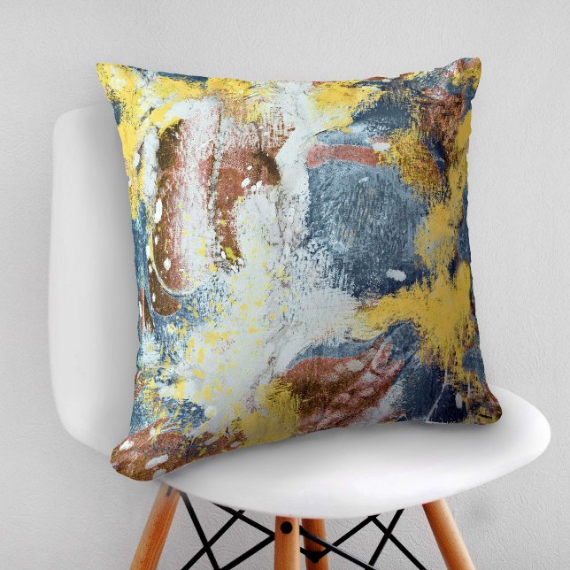 Modern Abstract Painting Mustard Teal Gold White Cushion (Creator Uploaded)