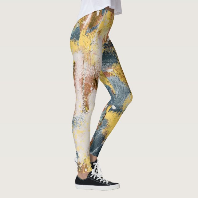Modern Abstract Painting Yellow Teal Gold White Leggings (Right)