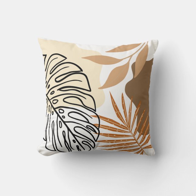 Modern Abstract Palm Leaves Beige Earth Tone Cushion (Front)
