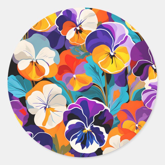 Modern Abstract Pansies Flowers Classic Round Sticker (Front)