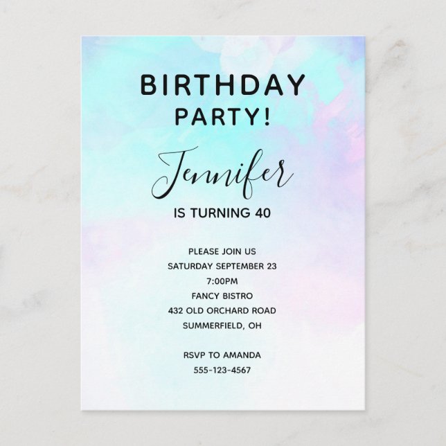 Modern Abstract Pastel Blue & Purple Watercolor Invitation Postcard (Front)