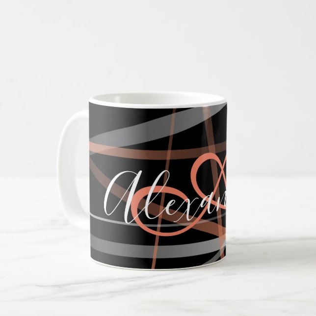Modern Abstract Pattern Coral Black Monogram Coffee Mug (Front Left)