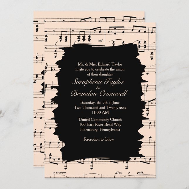 Modern Abstract Peach Music Wedding Invite (Front/Back)