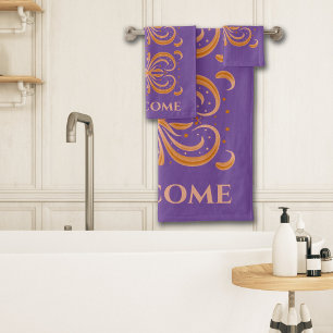 Modern Abstract Peach Orange Purple Swirls Bath Towel Set