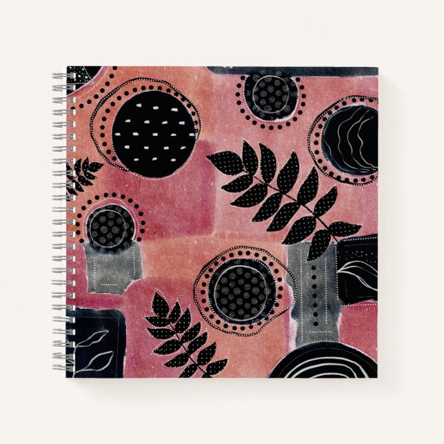 Modern Abstract Pink and Black Botanical Floral Notebook (Front)