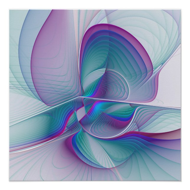 Modern Abstract Pink Blue Turquoise Fractal Art Poster (Front)
