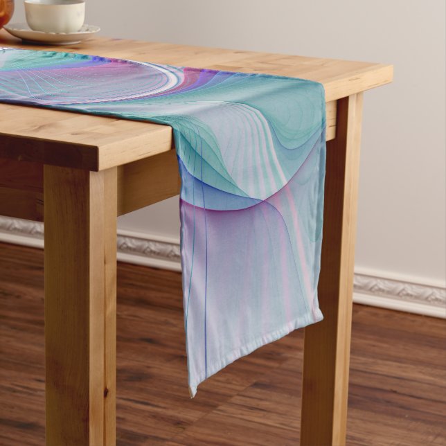 Modern Abstract Pink Blue Turquoise Fractal Art Short Table Runner (In Situ)