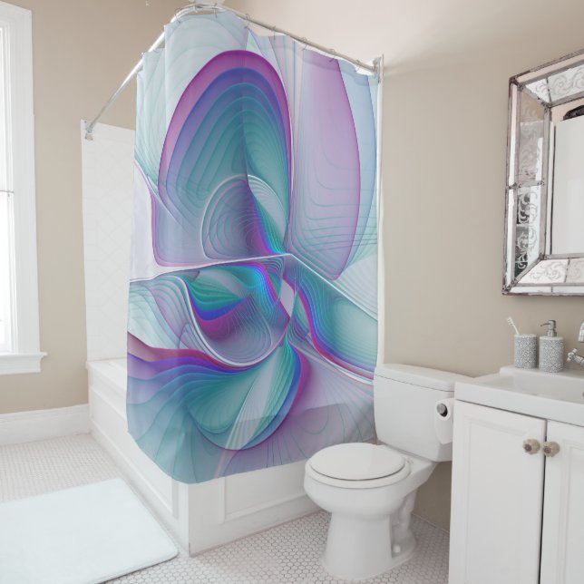 Modern Abstract Pink Blue Turquoise Fractal Art Shower Curtain (In Situ)