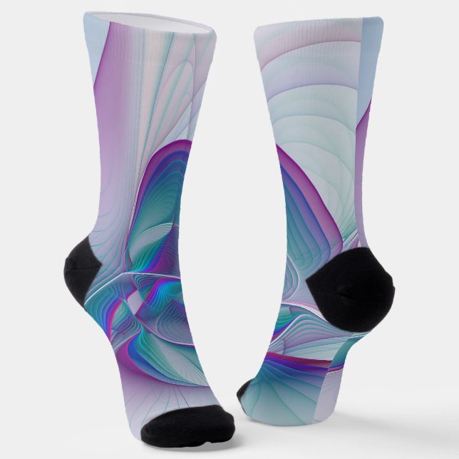 Modern Abstract Pink Blue Turquoise Fractal Art Socks (Angled)