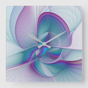 Modern Abstract Pink Blue Turquoise Fractal Art Square Wall Clock