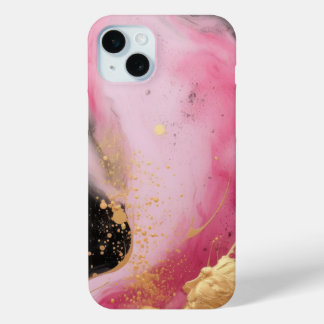 Modern abstract pink gold and black ink marble iPhone 15 mini case