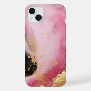 Modern abstract pink gold and black ink marble iPhone 15 plus case