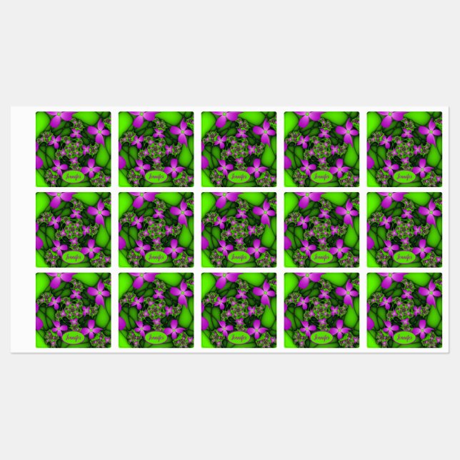 Modern Abstract Pink Green Fractal Flowers Name (Sheet)