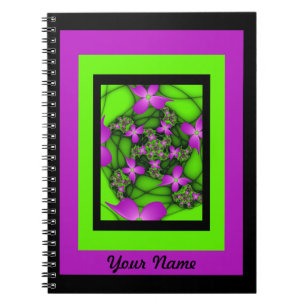 Modern Abstract Pink Green Fractal Flowers Name Notebook