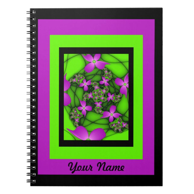 Modern Abstract Pink Green Fractal Flowers Name Notebook (Front)