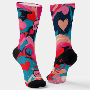 Modern abstract pink hearts & swirls monogram socks