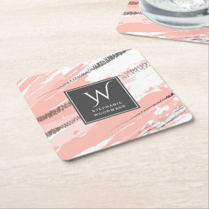 Modern Abstract Pink White Grey Monogram Square Square Paper Coaster