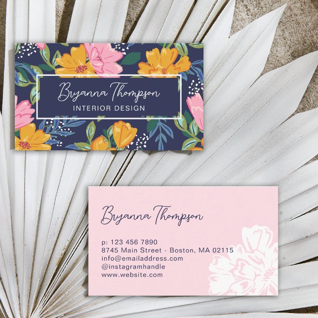 Modern Abstract Pink & Yellow Floral Pattern Business Card (Creator Uploaded)