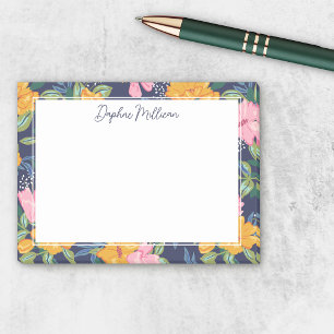 Modern Abstract Pink & Yellow Floral Pattern Name Post-it Notes
