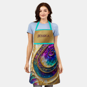 Modern Abstract Purple Aqua & Gold Monogram Apron