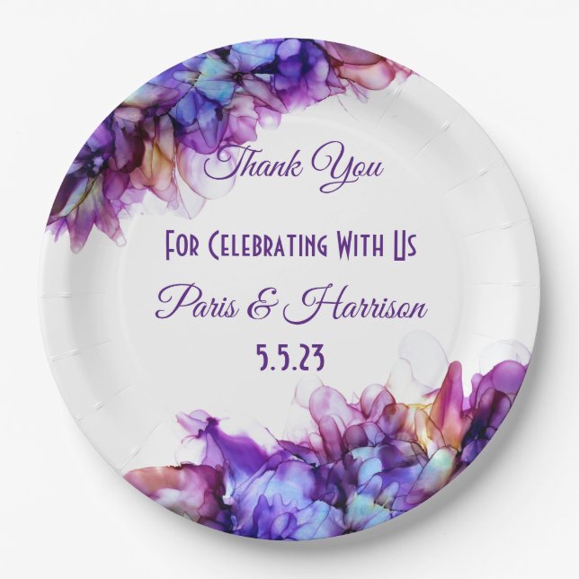 Modern Abstract Purple Haze Alcohol Ink  Wedding  Paper Plate (Front)