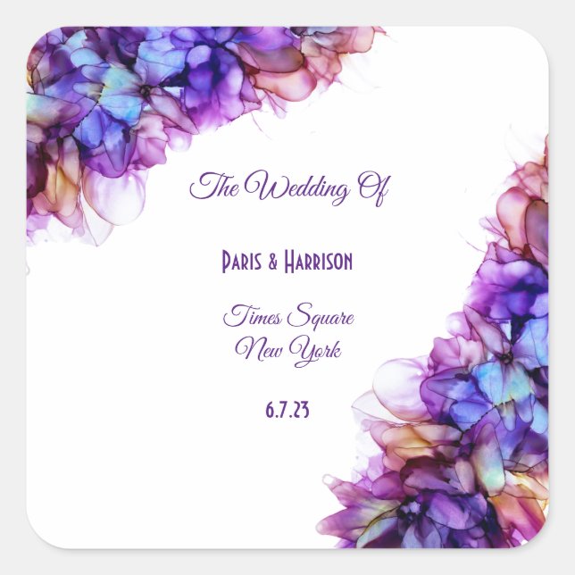Modern Abstract Purple Haze Alcohol Ink  Wedding Square Sticker (Front)