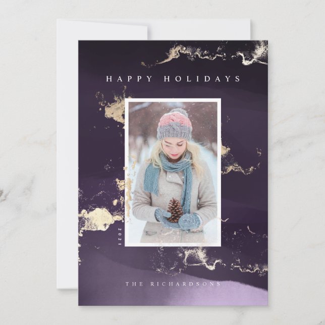 Modern Abstract Purple Watercolor Gold Foil Flakes Holiday Card (Front)
