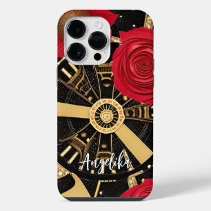 Modern Abstract Red and Gold Clock Customisable iPhone 14 Pro Max Case