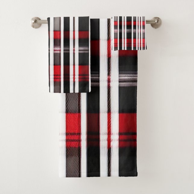 Modern Abstract Red Black Plaid Collection Bath Towel Set (Insitu)