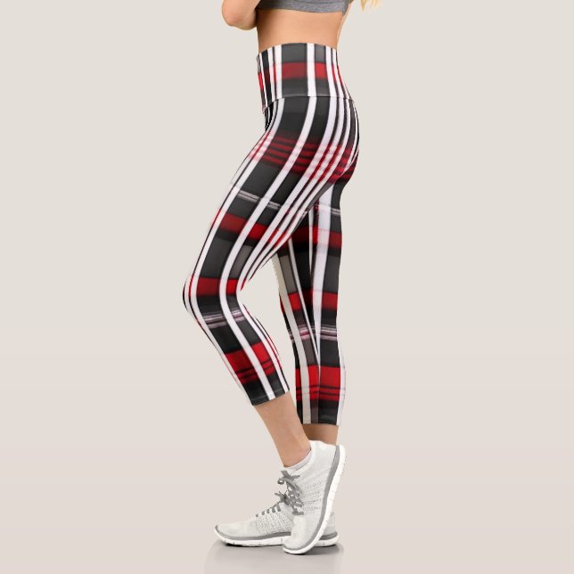 Modern Abstract Red Black Plaid Collection Capri Leggings (Left)
