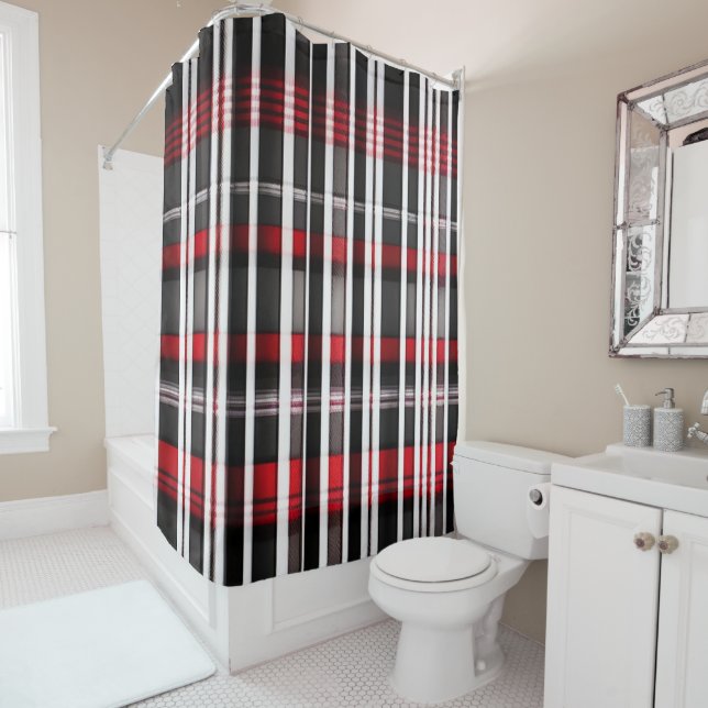 Modern Abstract Red Black Plaid Collection Shower Curtain (In Situ)