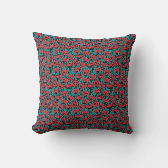 Modern Abstract Red Poppy Floral Pattern Cushion (Front)