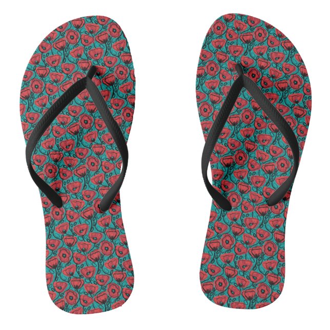 Modern Abstract Red Poppy Floral Pattern Jandals (Footbed)