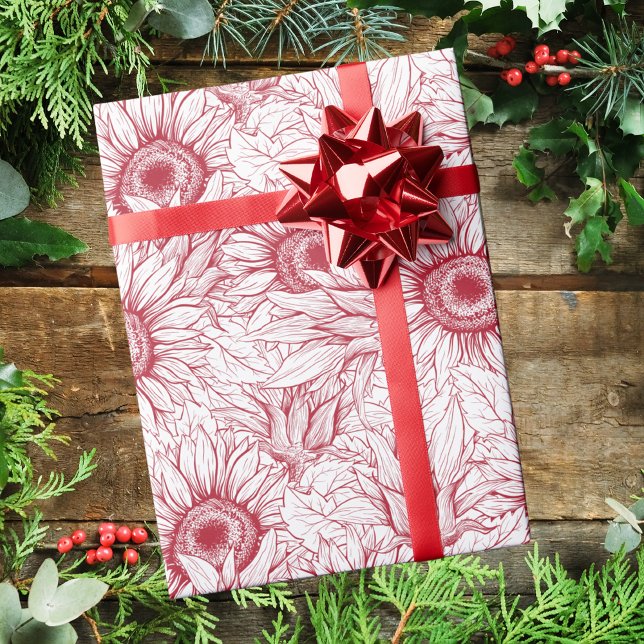 Modern Abstract Red Sunflower Pattern Christmas Wrapping Paper (Creator Uploaded)