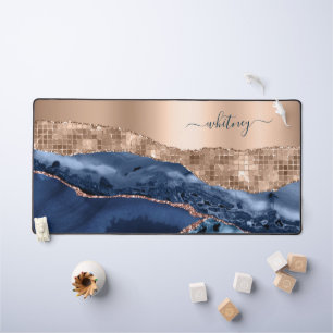 Modern Abstract Rose Gold Indigo Blue Agate Marble Desk Mat