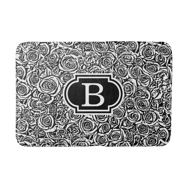 Modern Abstract Rose Pattern, Black and White Bath Mat (Front)