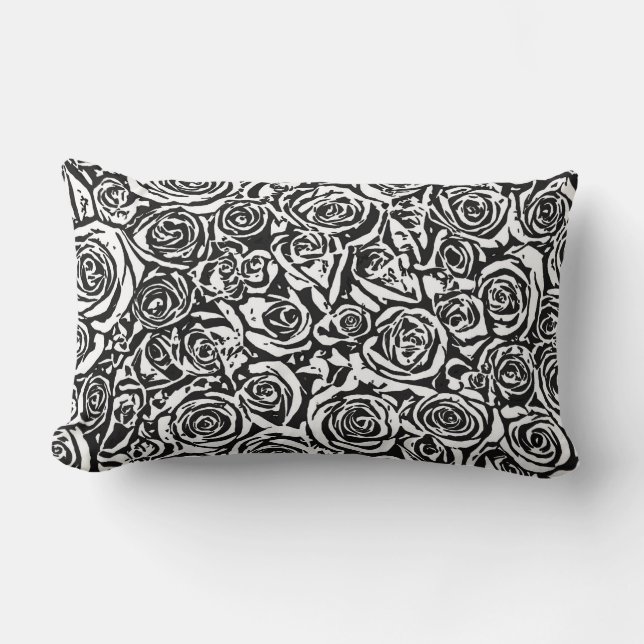 Modern Abstract Rose Pattern, Black and White Lumbar Cushion (Front)