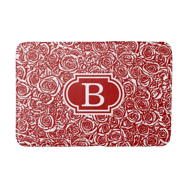 Modern Abstract Rose Pattern, Dark Red and White Bath Mat (Front)