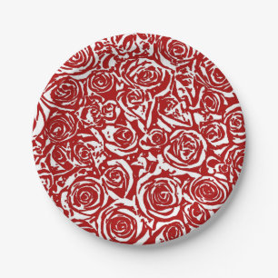 Modern Abstract Rose Pattern, Dark Red and White Paper Plate
