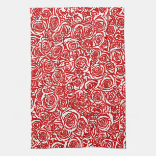 Modern Abstract Rose Pattern, Dark Red and White Tea Towel